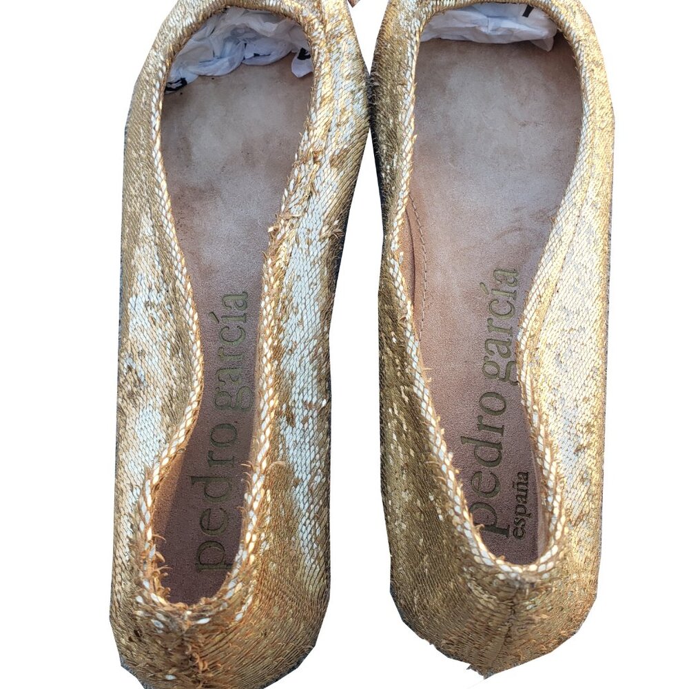 Pedro Garcia Greta Ballet Flats 38.5 Gold Lame Leather Shoes Bows Round Toe - Picture 3 of 9